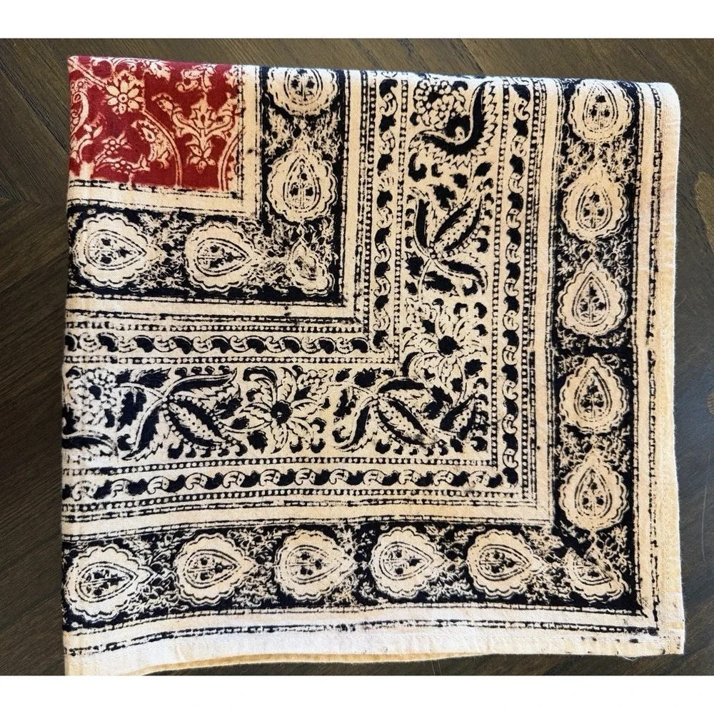 Vintage Indian Block Print Floral Tablecloth Border Black Burgundy Square 44